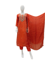Pure crepe designer pocket embellished suit set in orange