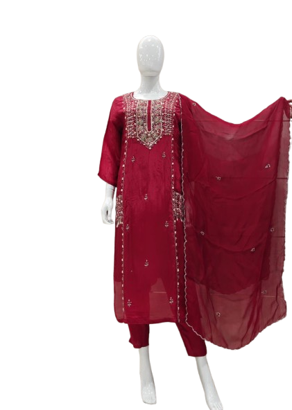 Pure crepe designer pocket embellished suit set in red