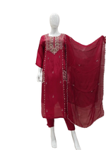 Pure crepe designer pocket embellished suit set in red