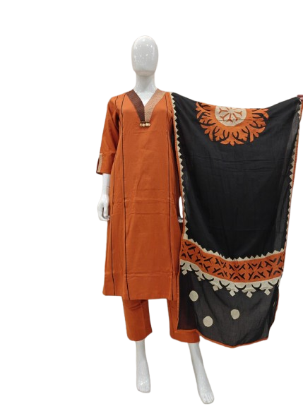 Smart appliqué work dupatta cotton set in orange