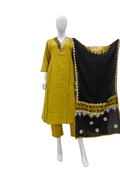 Smart appliqué work dupatta cotton set in green