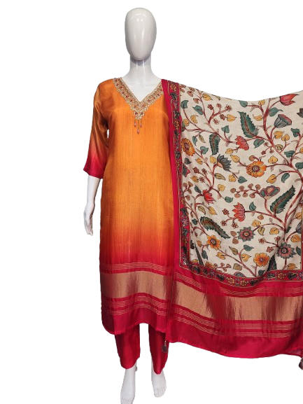 Pretty Russian silk lining Lakri patta suit set paired with Kalamkari dupatta
