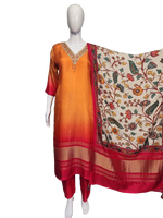 Pretty Russian silk lining Lakri patta suit set paired with Kalamkari dupatta