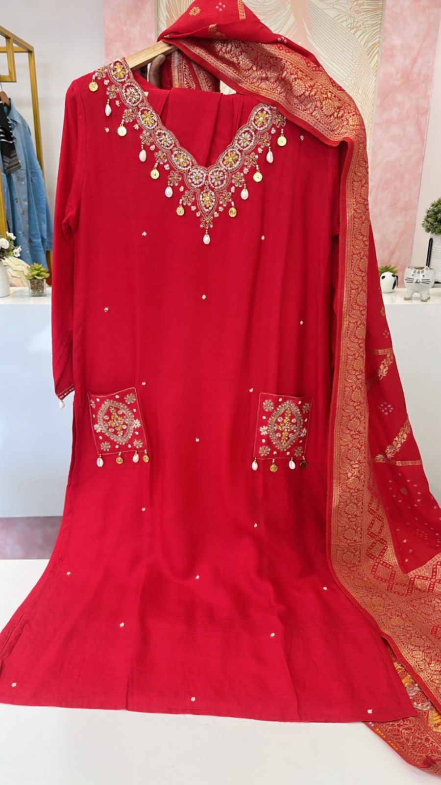 Pretty dola silk heavily embellished suit set in red