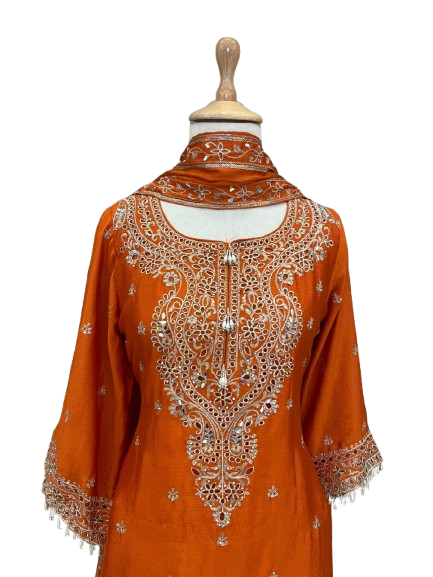 Heavy chinon cut work embellished palazzo suit set