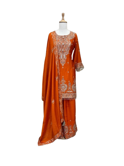 Heavy chinon cut work embellished palazzo suit set