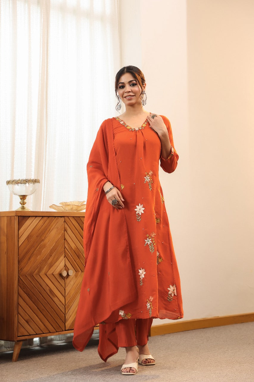 Pretty embroidered Chanderi suit set in rust