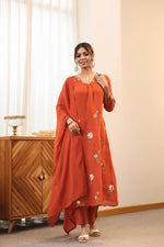 Pretty embroidered Chanderi suit set in rust