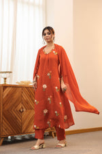 Pretty embroidered Chanderi suit set in rust