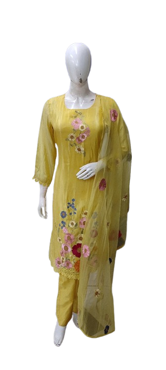 Appliqué work yellow colour full suit set