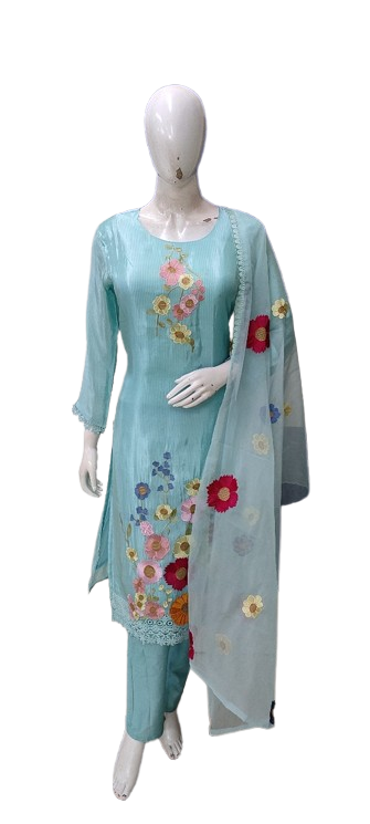Appliqué work blue colour full suit set