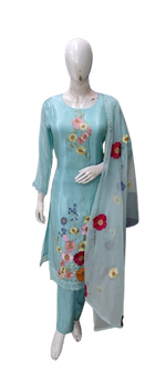 Appliqué work blue colour full suit set