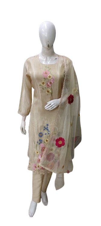 Appliqué work beige colour full suit set