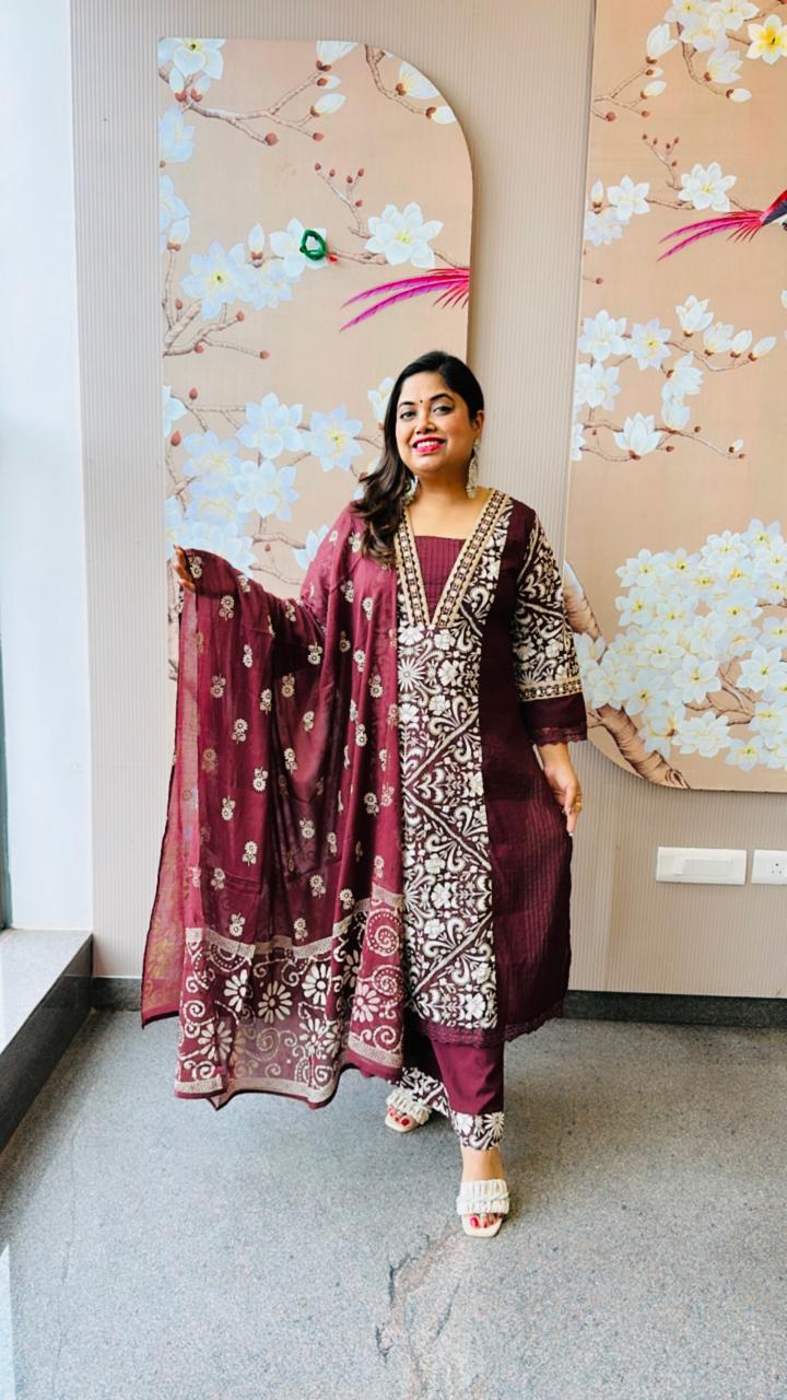 Pure cotton panel print with lace detailing in wine