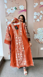 Pure cotton panel print with lace detailing in rust