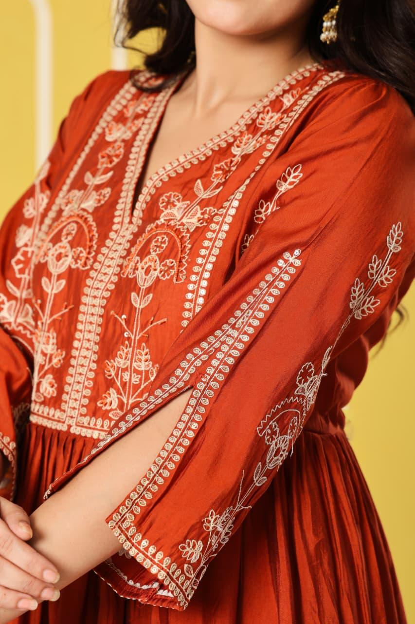 Zari work bemberg muslin silk suit set in rust