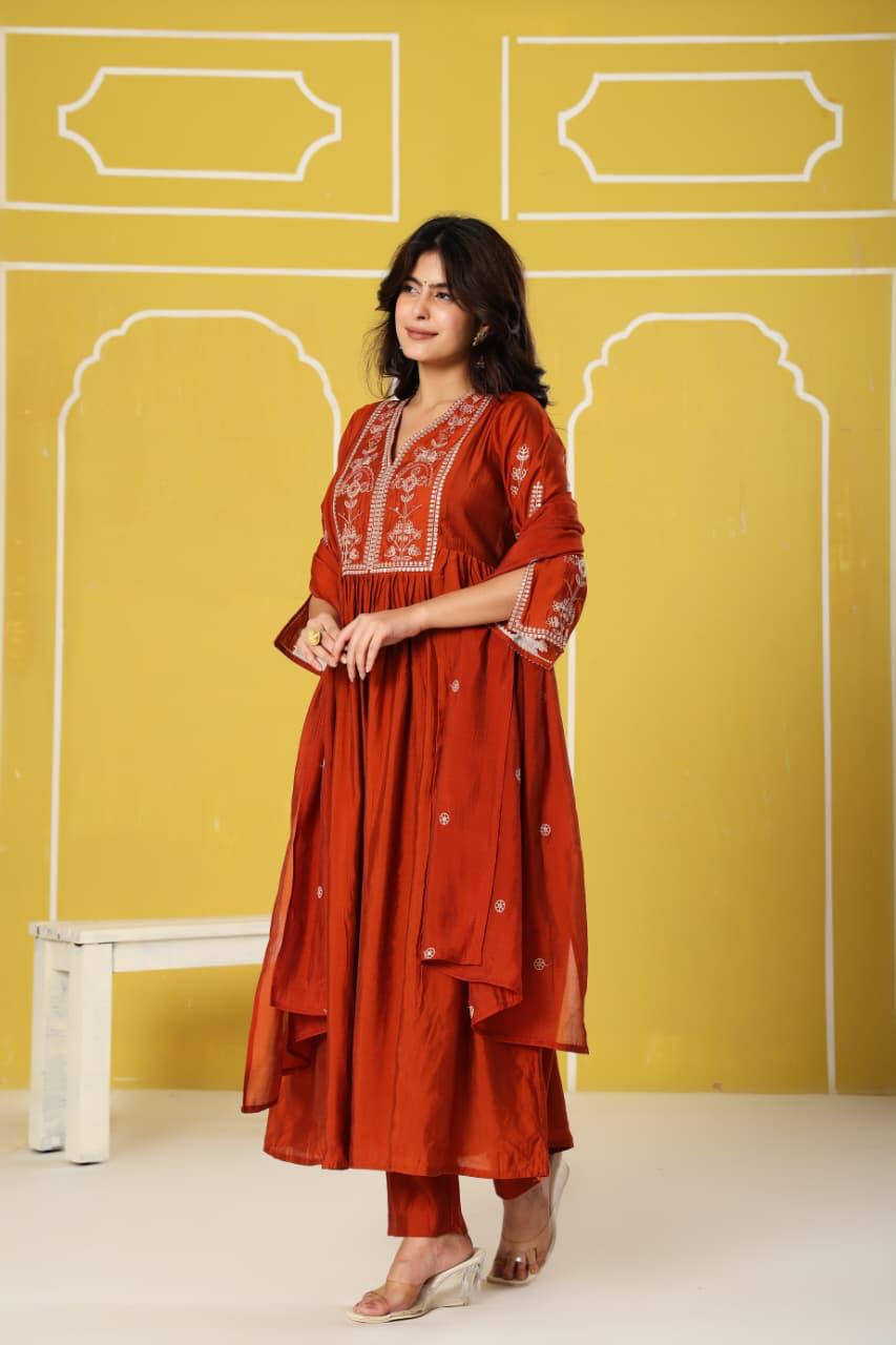 Zari work bemberg muslin silk suit set in rust