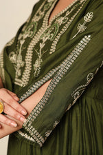 Zari work bemberg muslin silk suit set in green