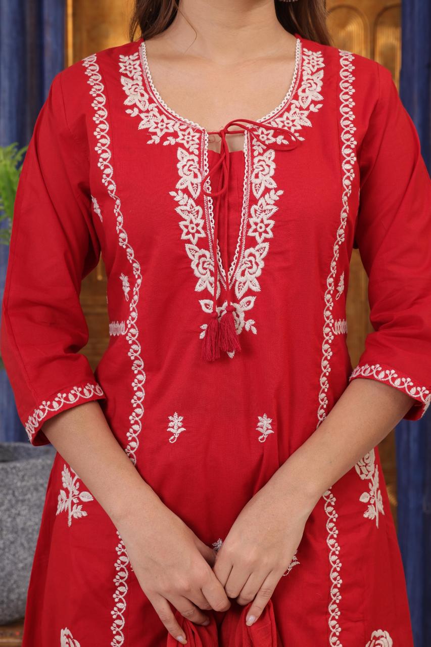 Pure cotton red embroidered suit set