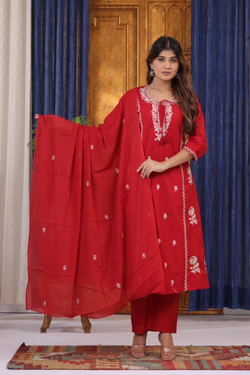 Pure cotton red embroidered suit set