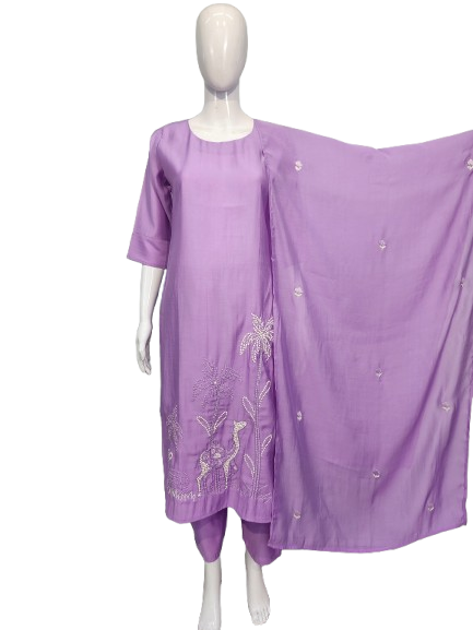 Pretty embroidered bemberg silk suit set in purple