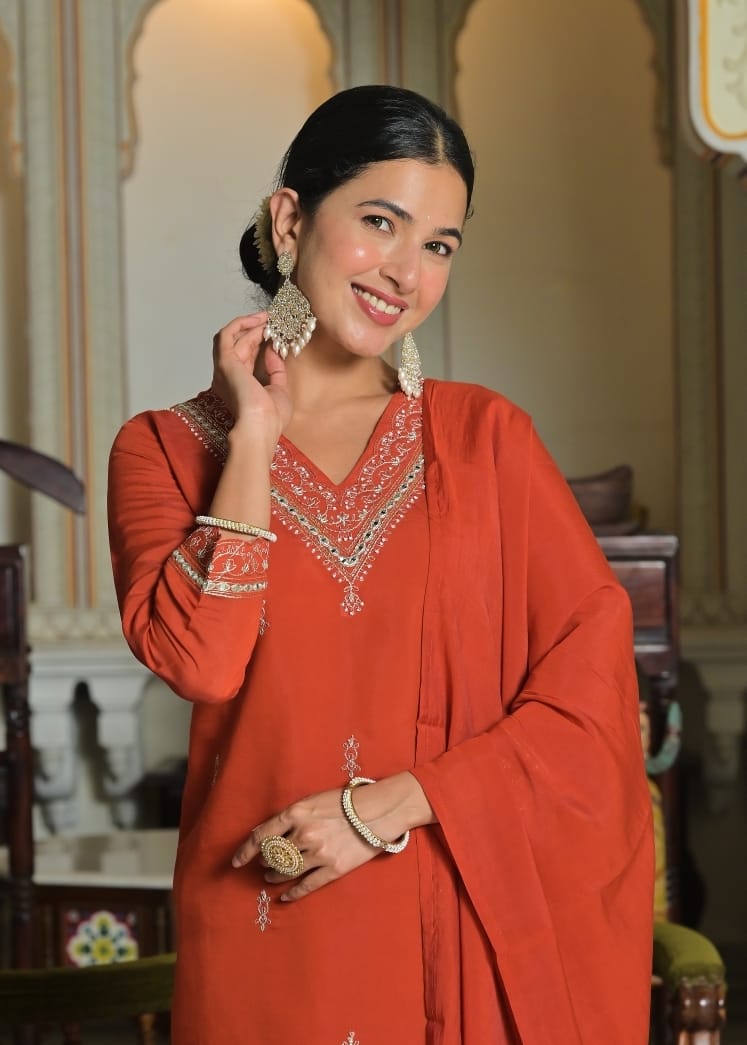 Chanderi silk V neck full suit set