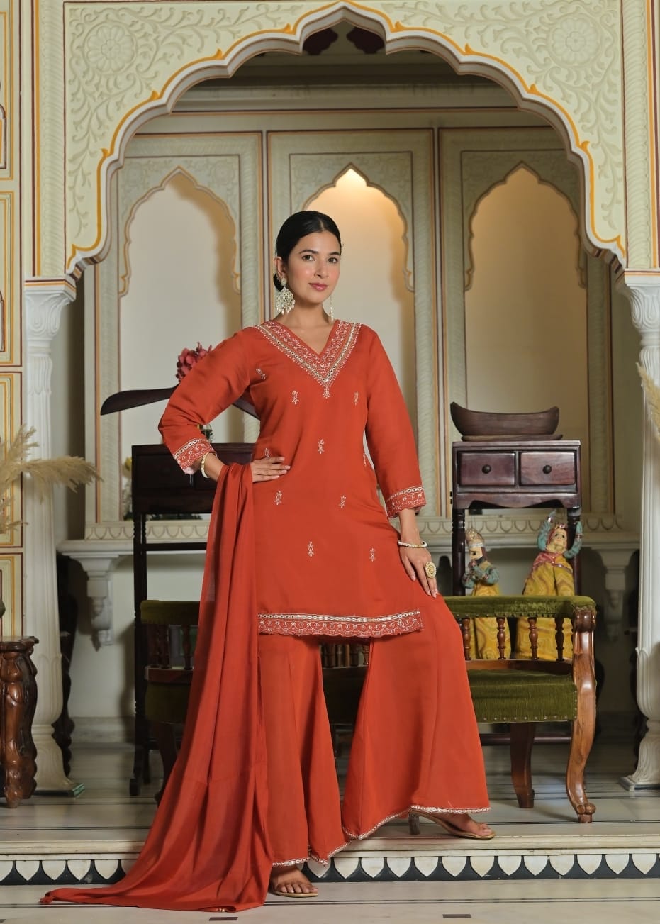 Chanderi silk V neck full suit set