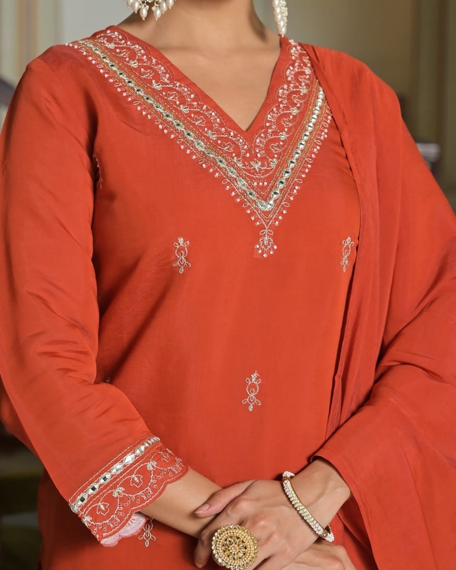 Chanderi silk V neck full suit set