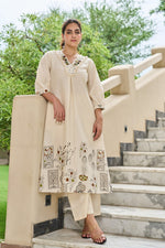 Pretty cotton V neck kurta pant in green n brown