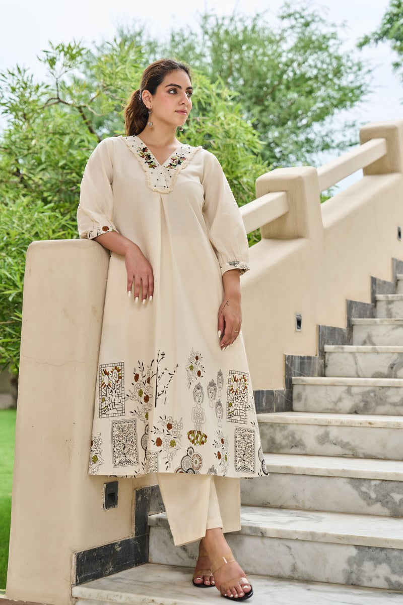 Pretty cotton V neck kurta pant in green n brown