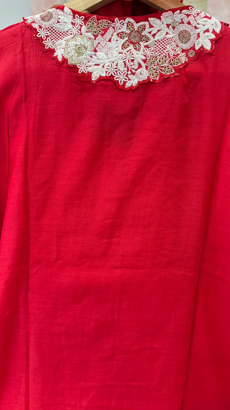 Designer back embroidered Mul Chanderi suit set in red