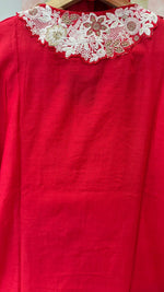 Designer back embroidered Mul Chanderi suit set in red