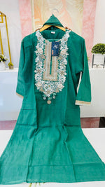 Designer back embroidered Mul Chanderi suit set in green