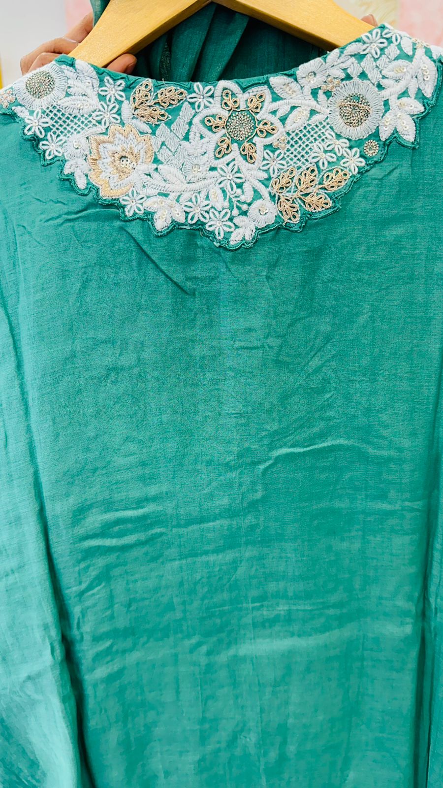 Designer back embroidered Mul Chanderi suit set in green