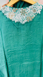 Designer back embroidered Mul Chanderi suit set in green