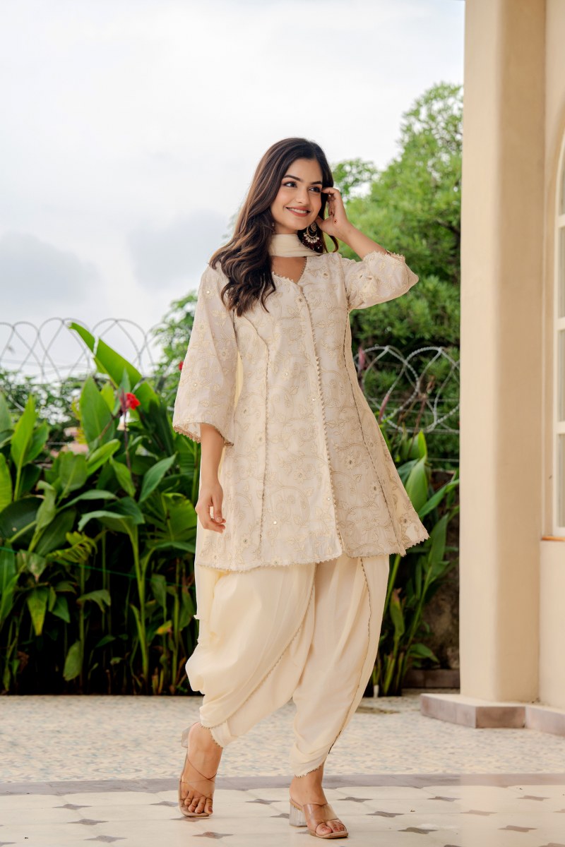 Embroidered Mul Chanderi with tulip pant