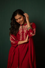 Pure bemberg muslin embroidered suit set in red