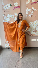 Pretty cotton embroidered front lining suit set in tan