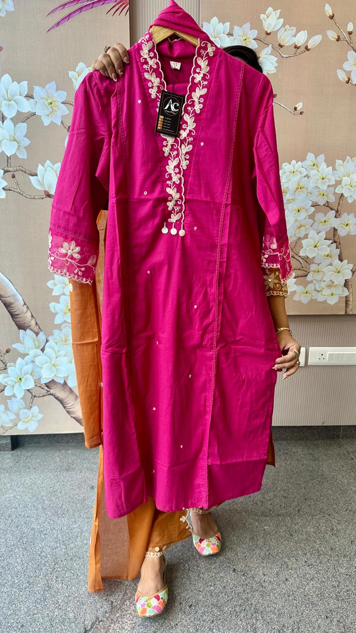 Pretty cotton embroidered front lining suit set in pink