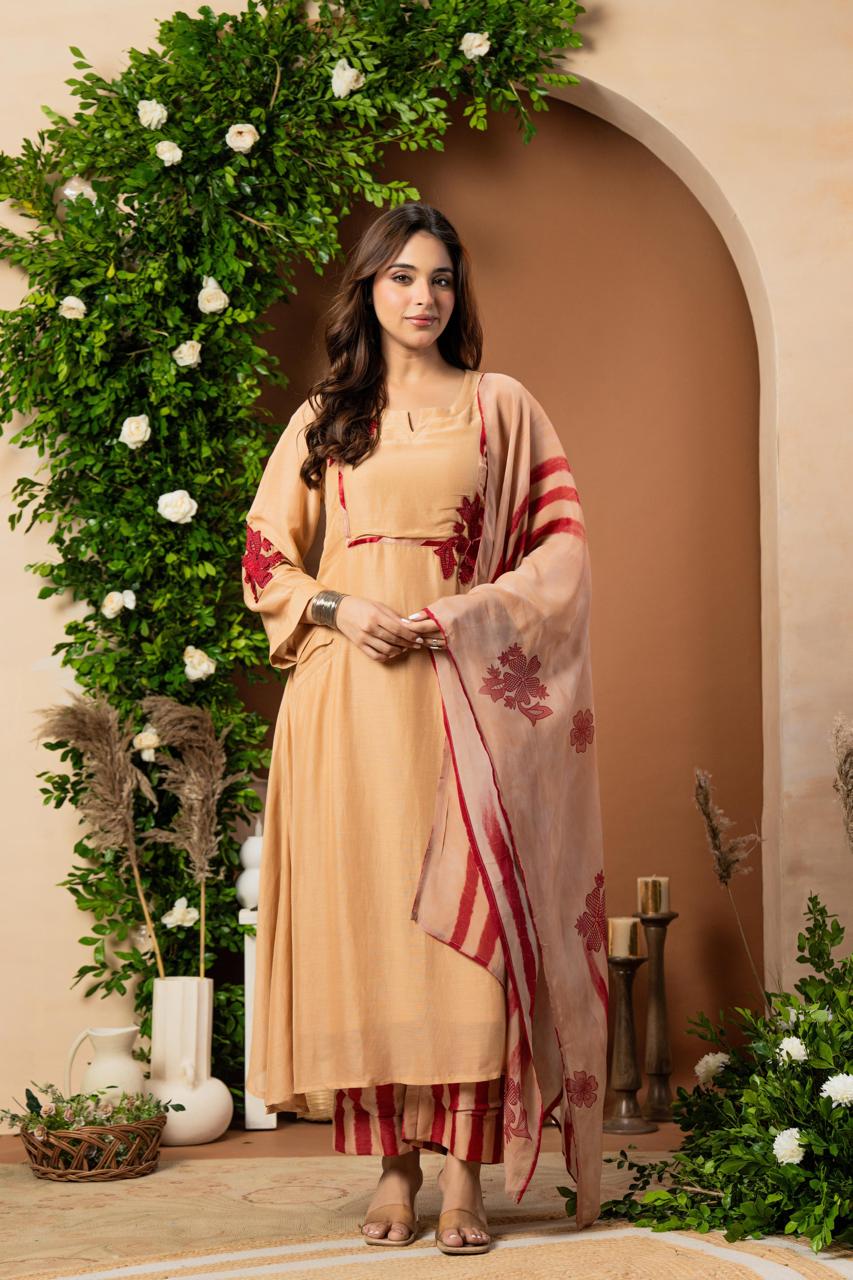 Premium Mul silk appliqué work suit set paired with organza dupatta in red