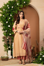 Premium Mul silk appliqué work suit set paired with organza dupatta in red