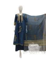 Pure cotton front n back block printed paired with Kota doria dupatta in blue