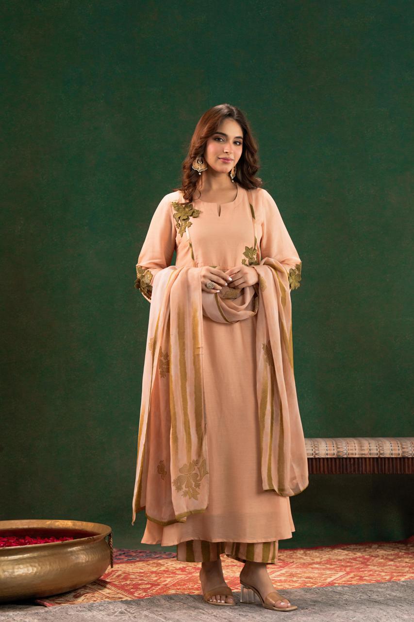 Premium Mul silk appliqué work suit set paired with organza dupatta in green