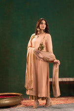 Premium Mul silk appliqué work suit set paired with organza dupatta in green