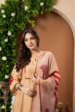 Premium Mul silk appliqué work suit set paired with organza dupatta in red