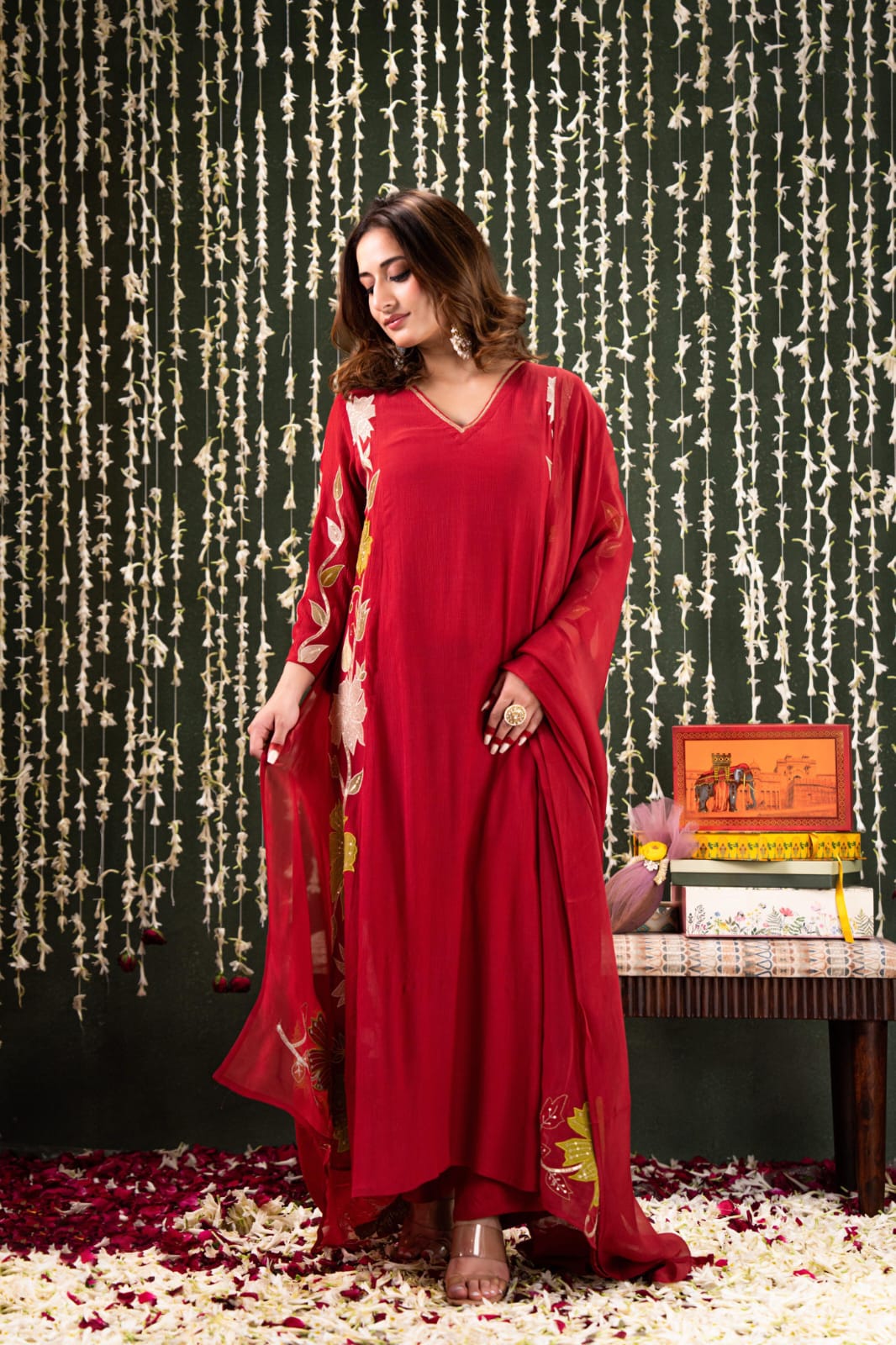 Designer appliqué work Mul Chanderi suit set