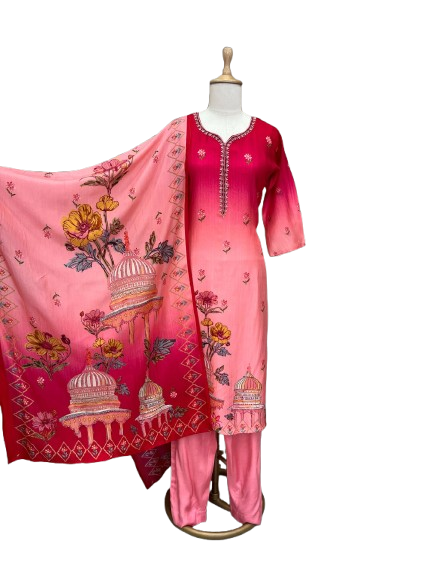 Premium silk digital printed and beautifully embellished suit set