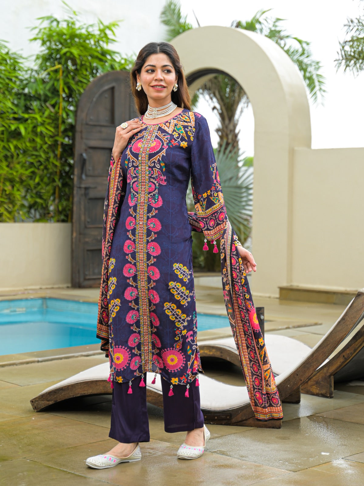 Pure Crepe silk lining digitally printed suit set in purple
