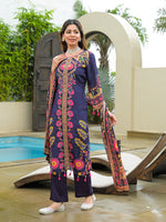 Pure Crepe silk lining digitally printed suit set in purple