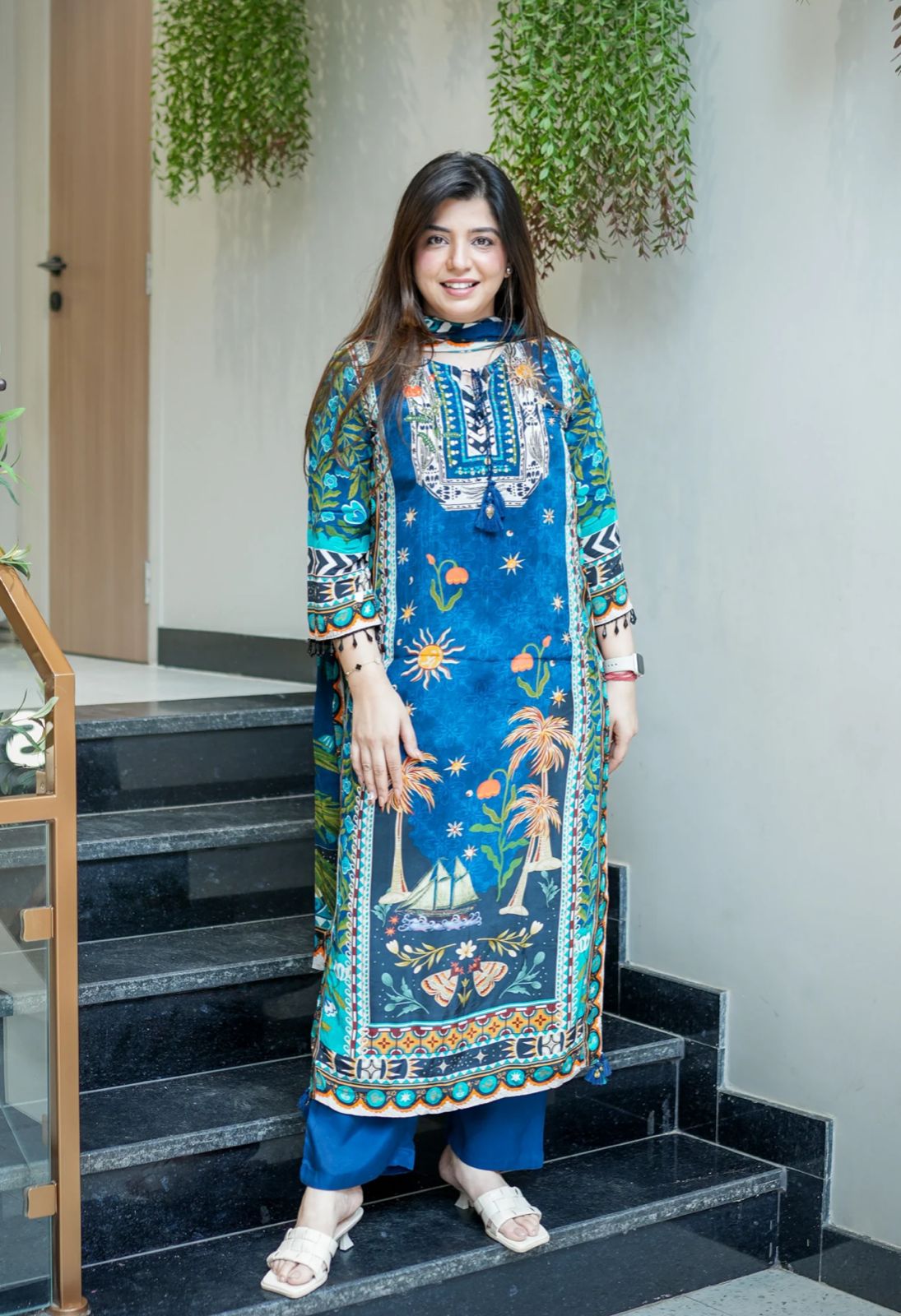 Pure crepe silk lining digitally printed suit set